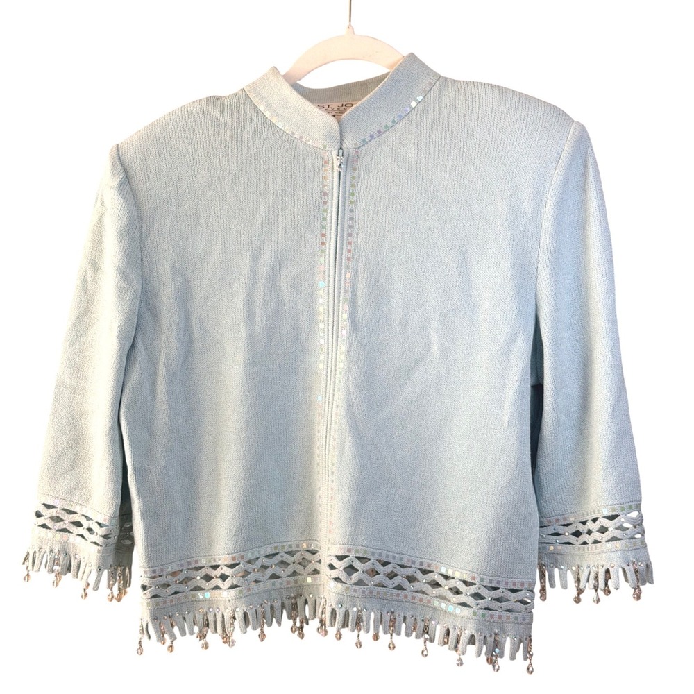 St John Evening Jacket 10 Light Blue Beaded Fringe Sequin Santana Knit